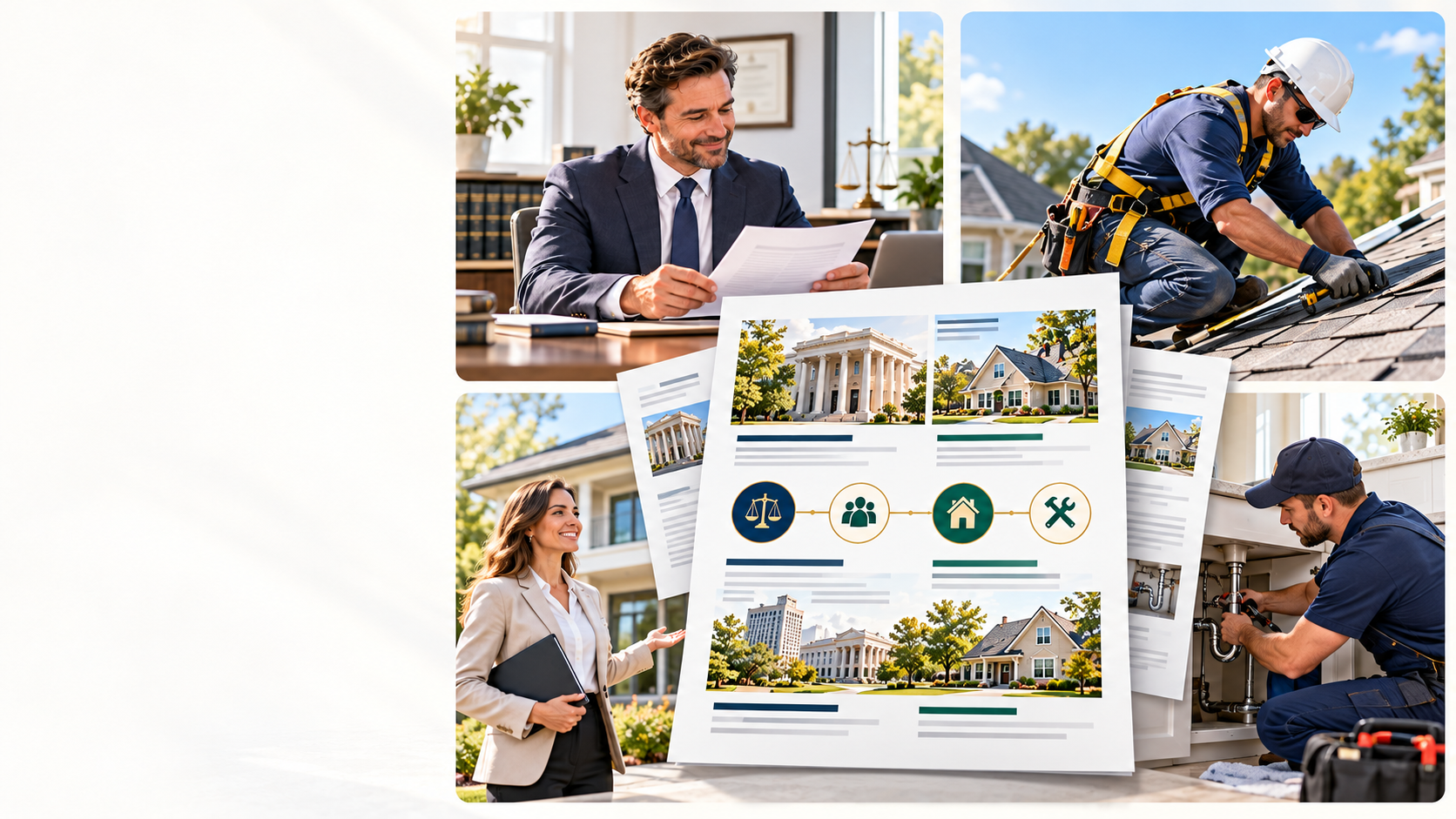 Separate scenes featuring an attorney, roofer, real estate professional, and plumber, illustrating press releases for different businesses.